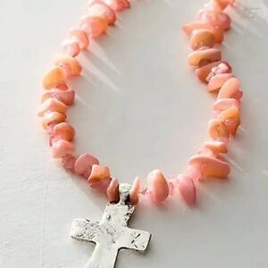 Free People Rose Quarts Gemstone Choker with Silver Cross